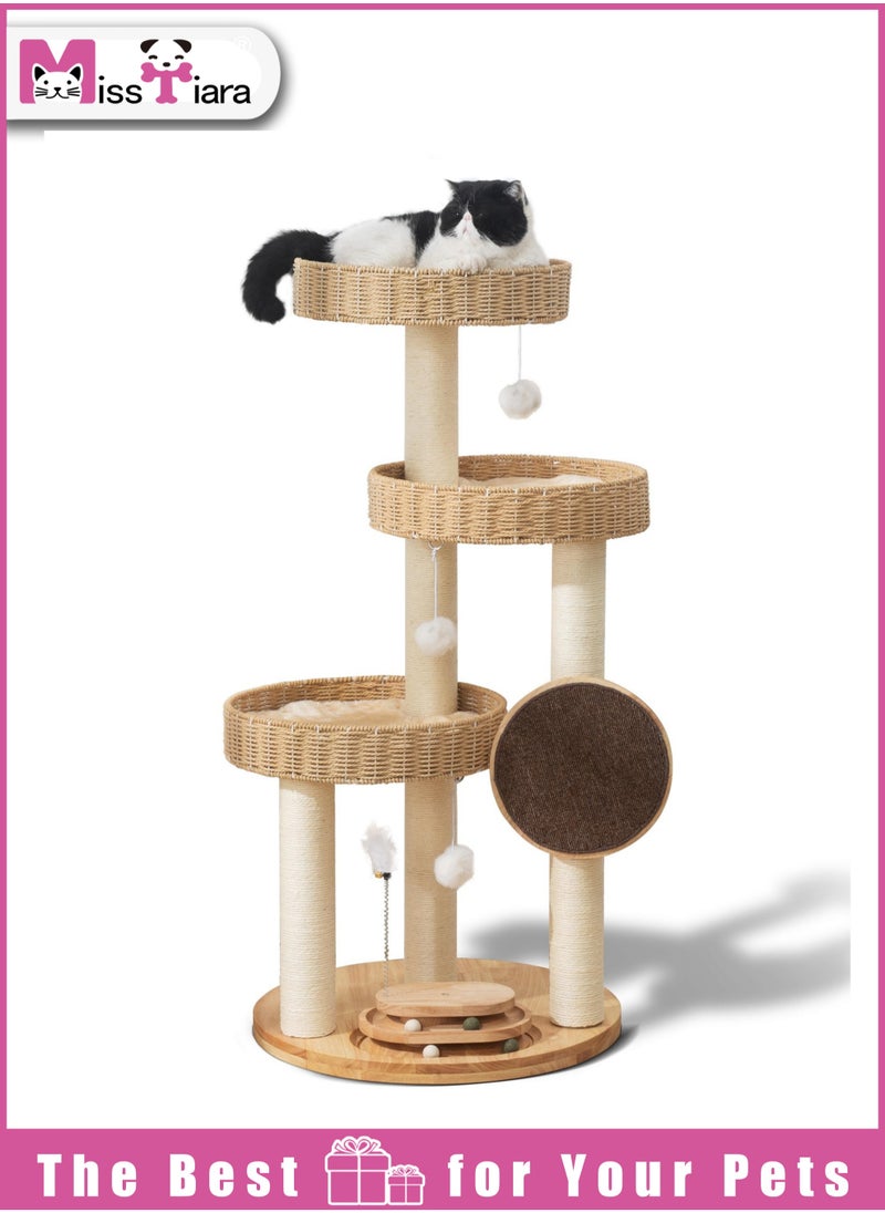 Cat Tree Tower, Cat Scratching Posts,Cat Furniture Scratching Tree for Indoor Cat, Three-tiered platform for cats to jump freely, Solid wood Manual Hand Woven Cat House, Unique New Cat Condo High-end Design Cat Furniture Activity Centre, Easy Clean Best Gift for Cat