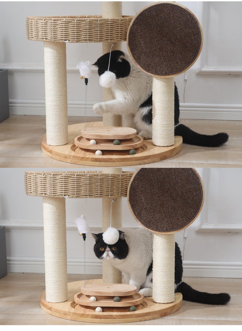 Cat Tree Tower, Cat Scratching Posts,Cat Furniture Scratching Tree for Indoor Cat, Three-tiered platform for cats to jump freely, Solid wood Manual Hand Woven Cat House, Unique New Cat Condo High-end Design Cat Furniture Activity Centre, Easy Clean Best Gift for Cat