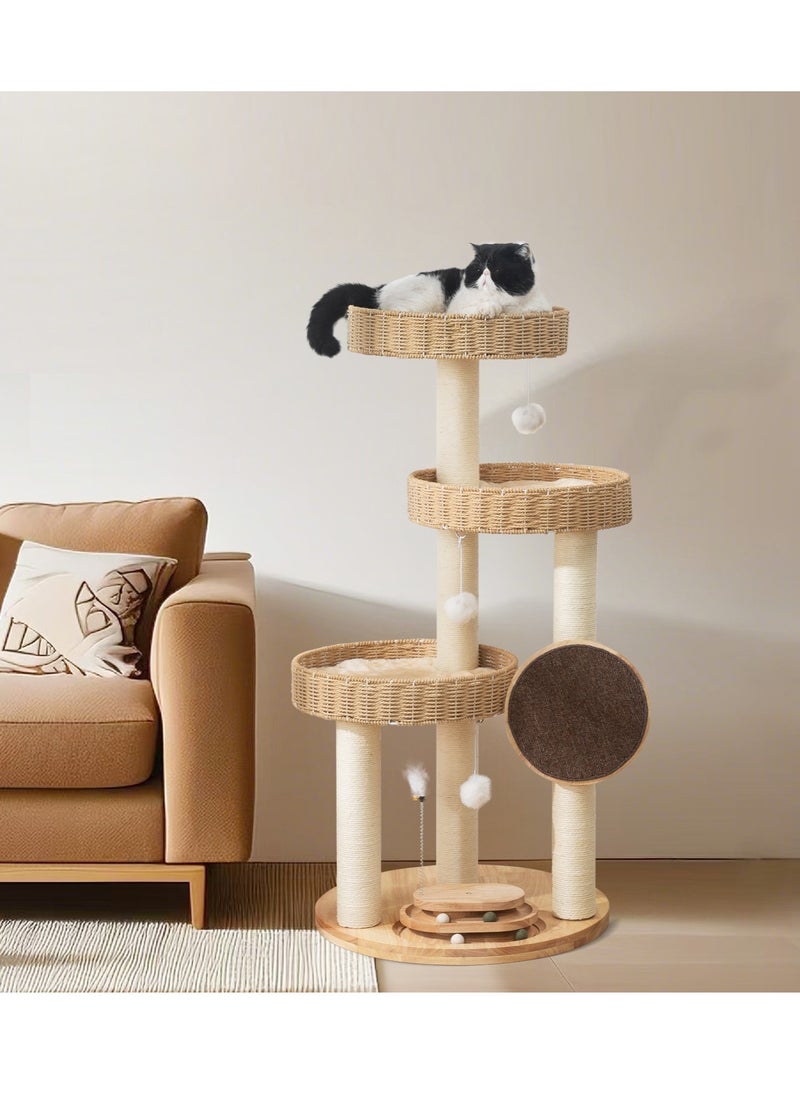 Cat Tree Tower, Cat Scratching Posts,Cat Furniture Scratching Tree for Indoor Cat, Three-tiered platform for cats to jump freely, Solid wood Manual Hand Woven Cat House, Unique New Cat Condo High-end Design Cat Furniture Activity Centre, Easy Clean Best Gift for Cat