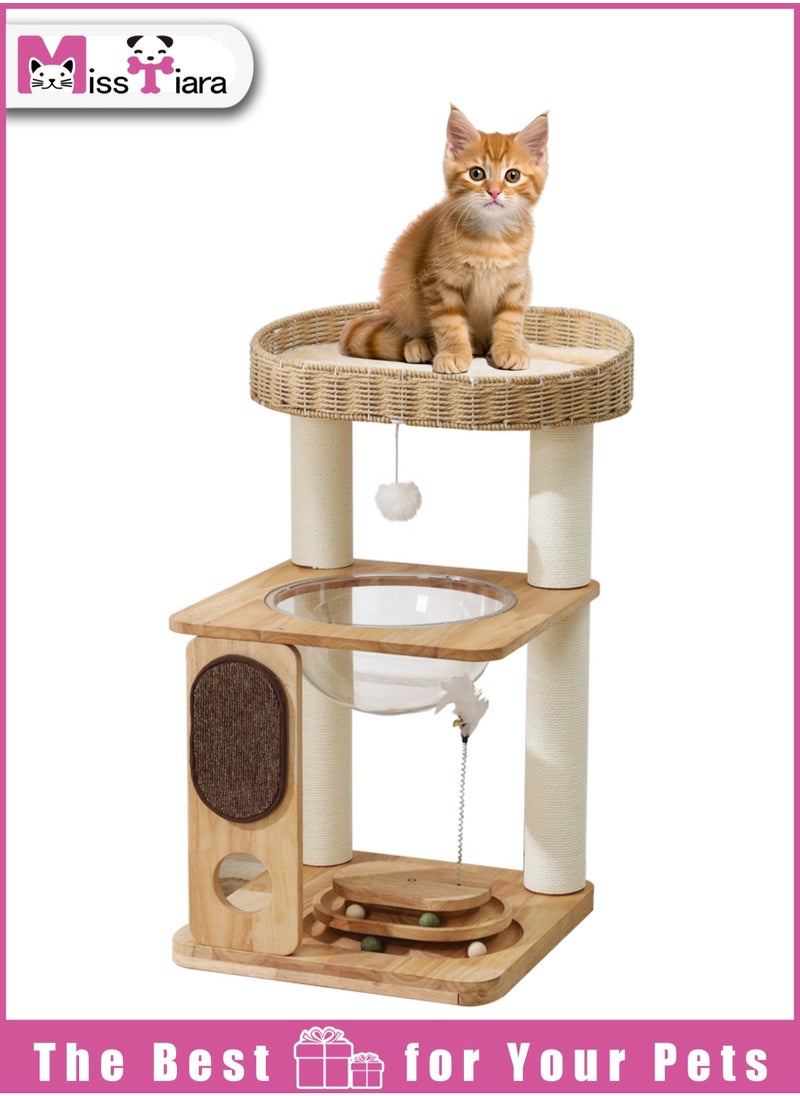 Cat Tree Tower, Cat Bed with Toy, Cat Furniture Scratching Tree for Indoor Cat, Real Natural Water Hyacinth Cat Condo,Manual Hand Woven Tall Wood Cat House,Includes 50cm large cat bed, 30cm space capsule,Cat scratching pad and toys,New Cat Condo Unique Cat Gift