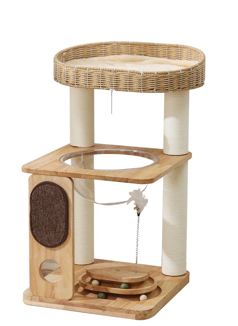 Cat Tree Tower, Cat Bed with Toy, Cat Furniture Scratching Tree for Indoor Cat, Real Natural Water Hyacinth Cat Condo,Manual Hand Woven Tall Wood Cat House,Includes 50cm large cat bed, 30cm space capsule,Cat scratching pad and toys,New Cat Condo Unique Cat Gift