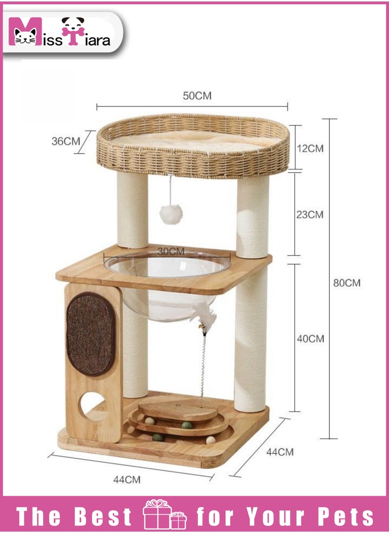 Cat Tree Tower, Cat Bed with Toy, Cat Furniture Scratching Tree for Indoor Cat, Real Natural Water Hyacinth Cat Condo,Manual Hand Woven Tall Wood Cat House,Includes 50cm large cat bed, 30cm space capsule,Cat scratching pad and toys,New Cat Condo Unique Cat Gift