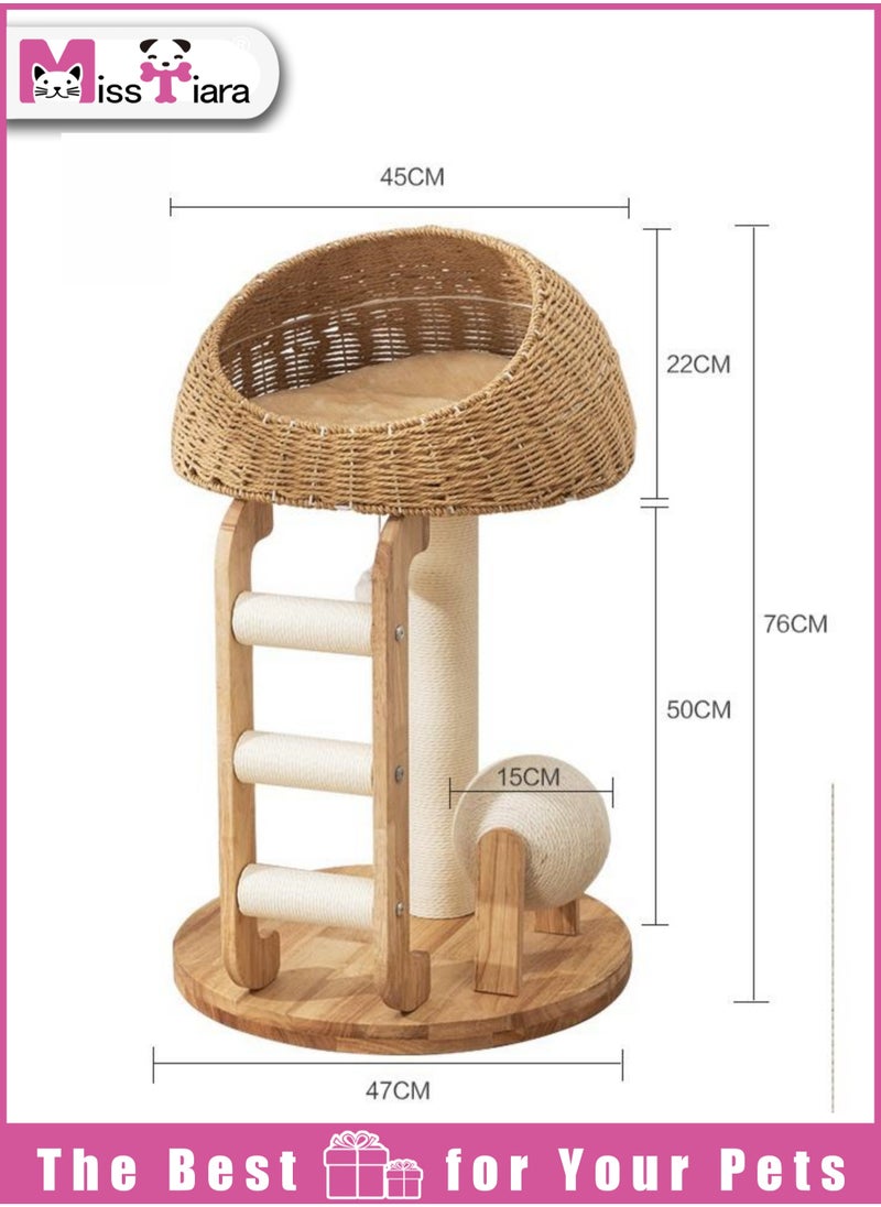 Cat Tree Tower, Cat Bed with Toy, Cat Furniture Scratching Tree for Indoor Cat, Manual Hand Woven Tall Wood Cat House,Includes 45cm large cat bed with 15cm Cat scratching ball toys,New Cat Condo Unique Cat Gift