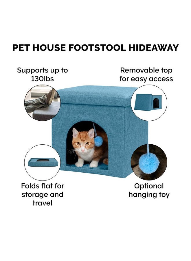 Furhaven Pet House for Indoor Cats & Small Dogs, Collapsible & Foldable w/ Plush Ball Toy - Living Room Footstool Cat Condo - Ocean Blue, Small