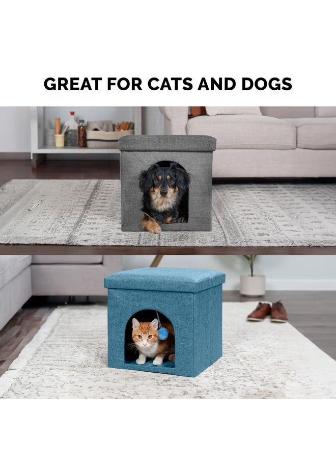 Furhaven Pet House for Indoor Cats & Small Dogs, Collapsible & Foldable w/ Plush Ball Toy - Living Room Footstool Cat Condo - Ocean Blue, Small