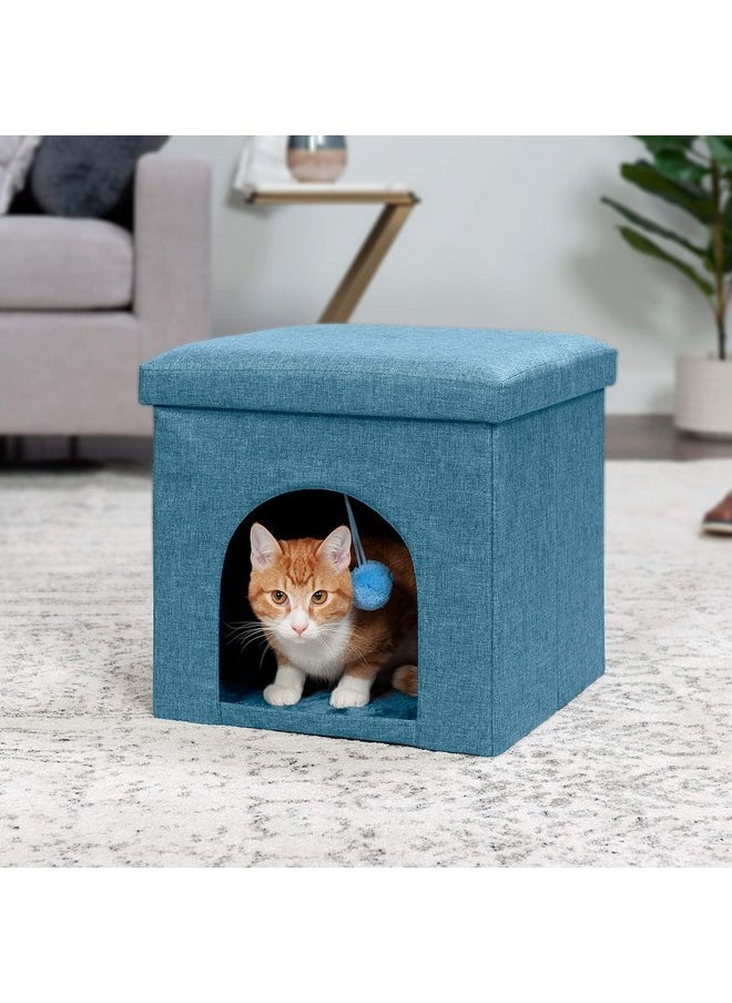 Furhaven Pet House for Indoor Cats & Small Dogs, Collapsible & Foldable w/ Plush Ball Toy - Living Room Footstool Cat Condo - Ocean Blue, Small