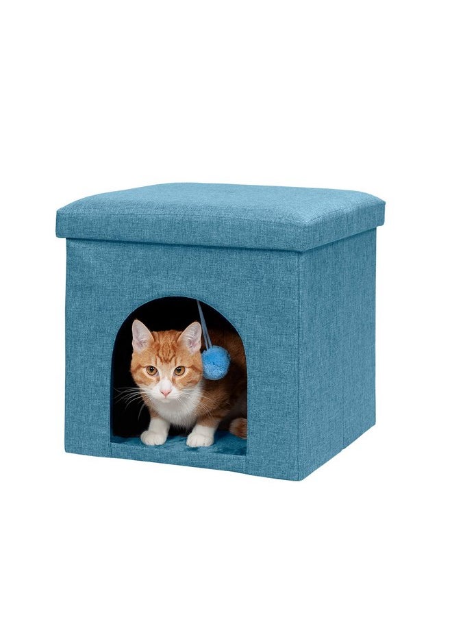 Furhaven Pet House for Indoor Cats & Small Dogs, Collapsible & Foldable w/ Plush Ball Toy - Living Room Footstool Cat Condo - Ocean Blue, Small