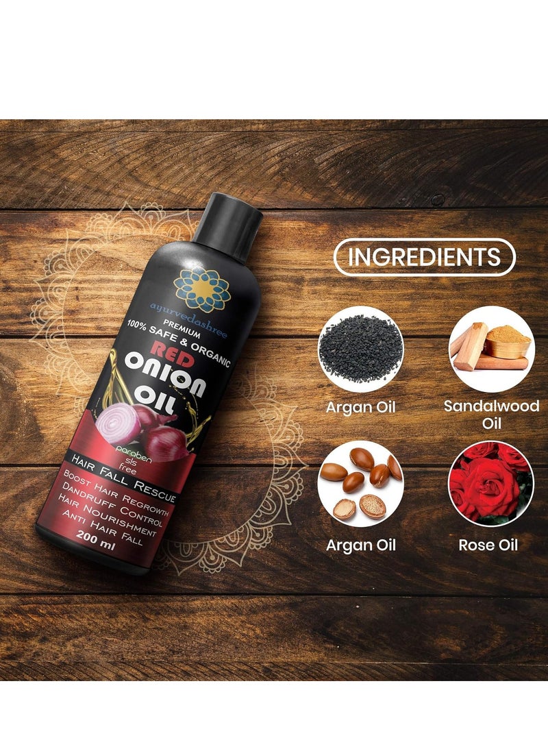 Hair Treatment Oil with Red Onion, Oil blends of Black Seed, Pure Argan, Sandalwood & Rose - 200 Ml/6.7 fl oz