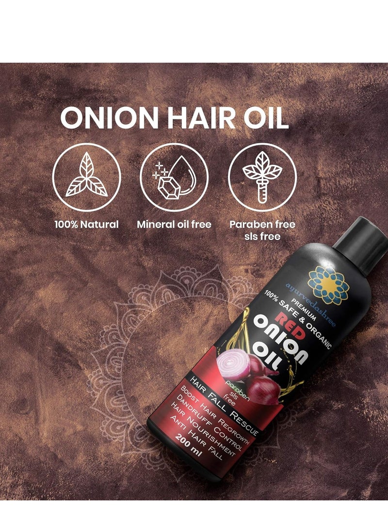 Hair Treatment Oil with Red Onion, Oil blends of Black Seed, Pure Argan, Sandalwood & Rose - 200 Ml/6.7 fl oz