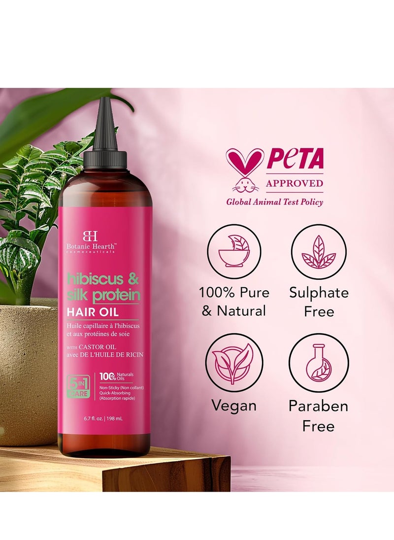Botanic Hearth Hibiscus & Silk Protein Hair Oil (6.7 fl oz) | Hydrating and Strengthening Hair Treatment for Smooth, Shiny, and Healthy-Looking Hair | Paraben Free | Suitable for All Hair Types
