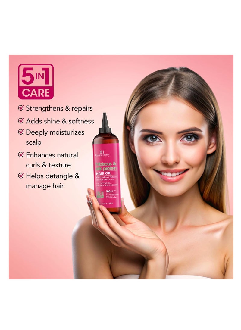Botanic Hearth Hibiscus & Silk Protein Hair Oil (6.7 fl oz) | Hydrating and Strengthening Hair Treatment for Smooth, Shiny, and Healthy-Looking Hair | Paraben Free | Suitable for All Hair Types