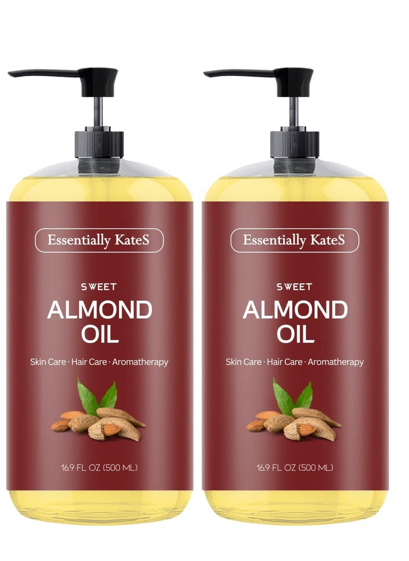 Sweet Almond Oil 33.8 Fl Oz - Pack of 2 x 16.9 Fl Oz - 100% Pure and Natutral and Cold Pressed - Body Oil, Massage Oil, Hair Oil, and Carrier Oil