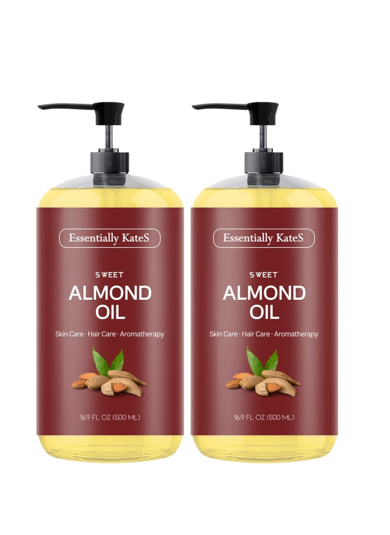 Sweet Almond Oil 33.8 Fl Oz - Pack of 2 x 16.9 Fl Oz - 100% Pure and Natutral and Cold Pressed - Body Oil, Massage Oil, Hair Oil, and Carrier Oil