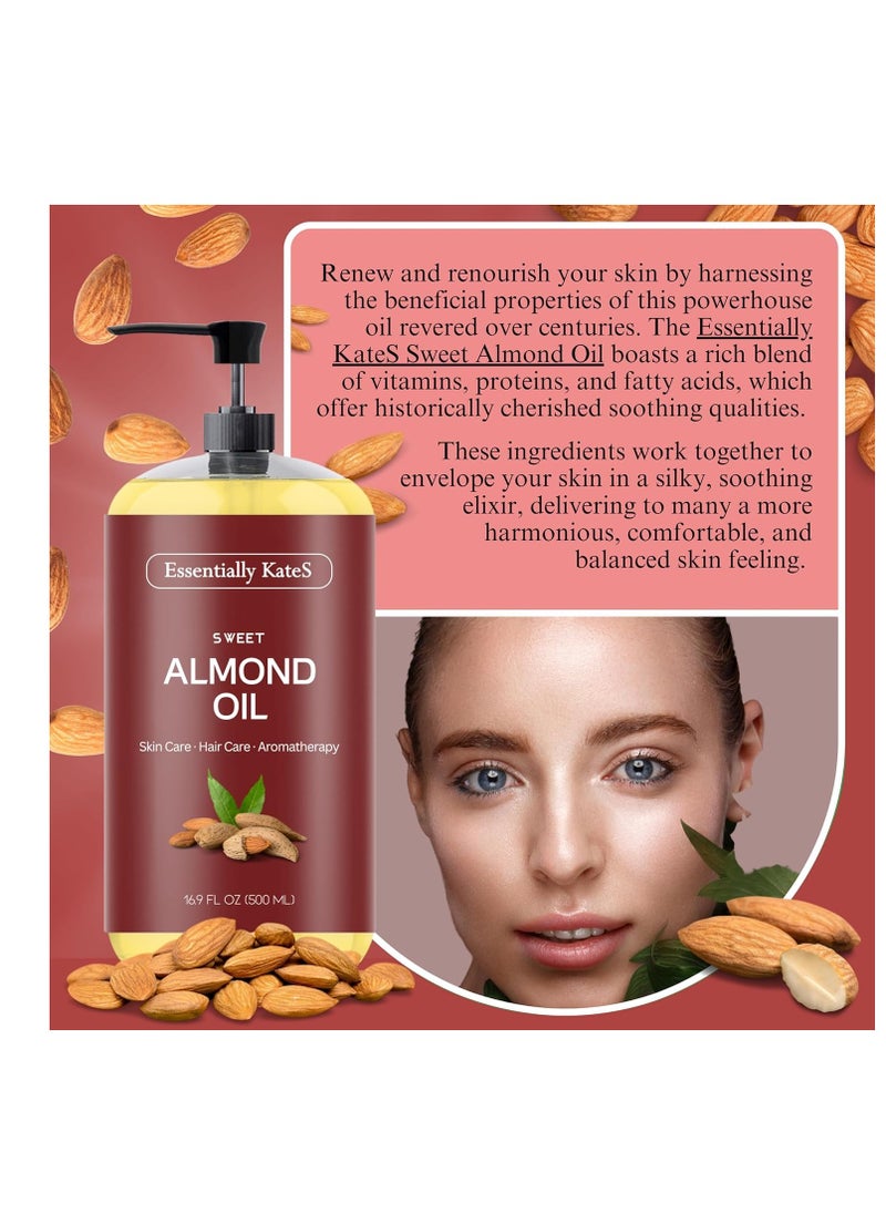 Sweet Almond Oil 33.8 Fl Oz - Pack of 2 x 16.9 Fl Oz - 100% Pure and Natutral and Cold Pressed - Body Oil, Massage Oil, Hair Oil, and Carrier Oil