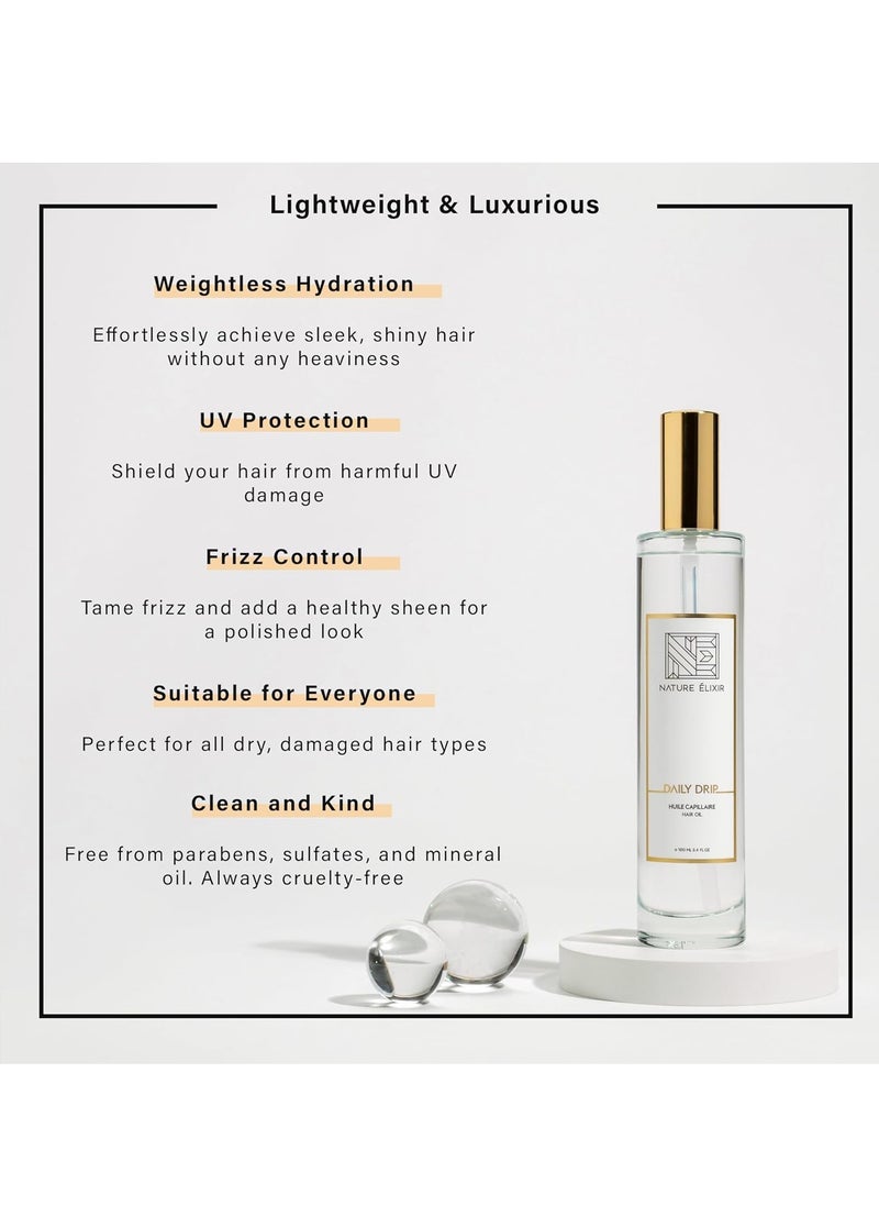 Nature Elixir DAILY DRIP Weightless Hair Oil with UV Protection - Hair Treatment Oil, Moisture and Anti Frizz Control Oil for Hair Dry - 3.4oz | 100ml
