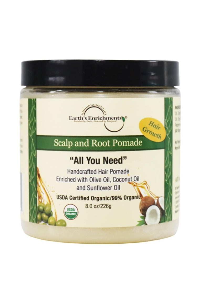 Earth's Enrichments Organic Pomade - Hair Food for Growth, Contains Tea Tree, Rosemary, Lavender Oil, Natural Hair Grease for Thick, Straight, Curly, Wavy, Thin Hair, Women, Men, Kids, USDA, 8oz