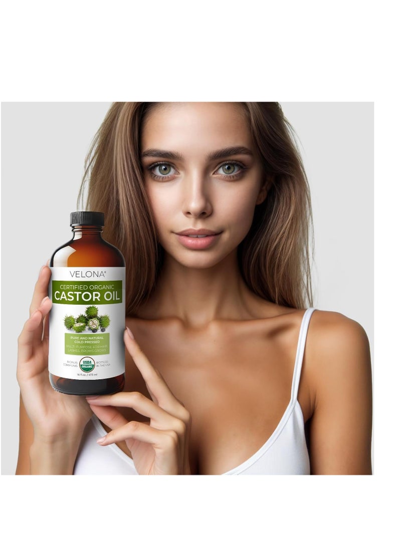 velona USDA Certified Organic Castor Oil - 16 Fl Oz in Glass Bottle | For Hair Growth, Boost Eyelashes, Eyebrows | Cold pressed, Natural Oil, USP Grade | Hexane Free, Lash Serum, Caster