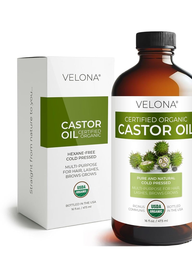 velona USDA Certified Organic Castor Oil - 16 Fl Oz in Glass Bottle | For Hair Growth, Boost Eyelashes, Eyebrows | Cold pressed, Natural Oil, USP Grade | Hexane Free, Lash Serum, Caster