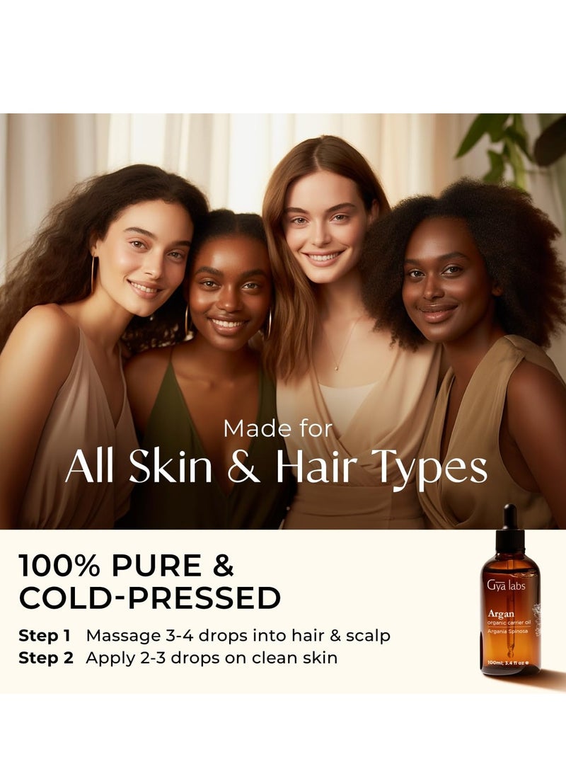 Gya Labs Organic Argan Oil for Hair - 100% Pure Natural Cold-Pressed Moroccan Argan Carrier Oil for Skin, Face, Nail, Lotions, Soaps & Conditioners (3.4 Fl Oz) - Soothing & Moisturizing