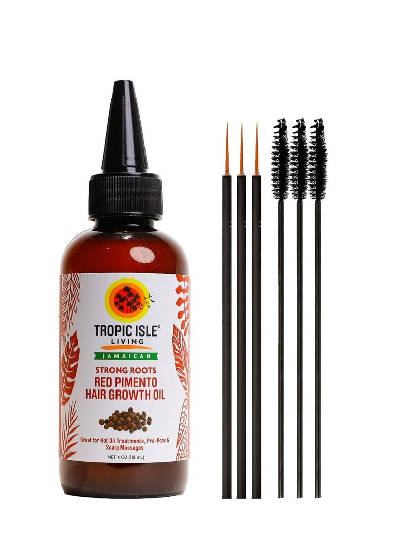 Tropic Isle Living Strong Roots Red Pimento Hair Growth Oil 4oz/ 120ml Brush Set | Gives Moisture and High Shine, Stimulates Hair Growth, Strengthen the Hair