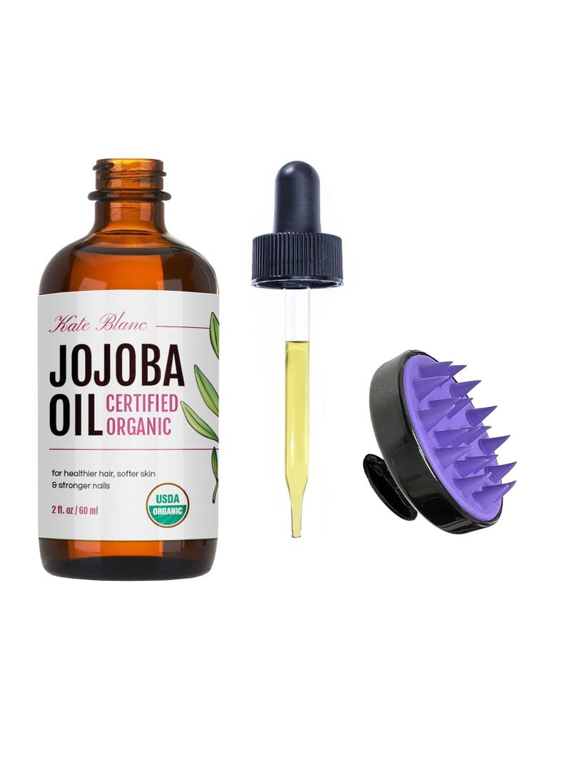 Kate Blanc Cosmetics Jojoba Oil for Hair, Face & Skin with Scalp Massager (2oz, Organic, 100% Pure, Natural)