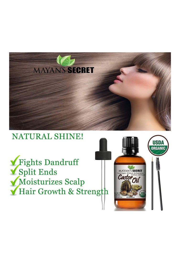 Mayan's Secret - 4oz Pure Castor Oil Organic Cold Pressed Unrefined Glass Bottle Hexane Free Hair Oil for Hair Growth, Eyelashes, Eyebrows – Oil for Skin, Face, Body