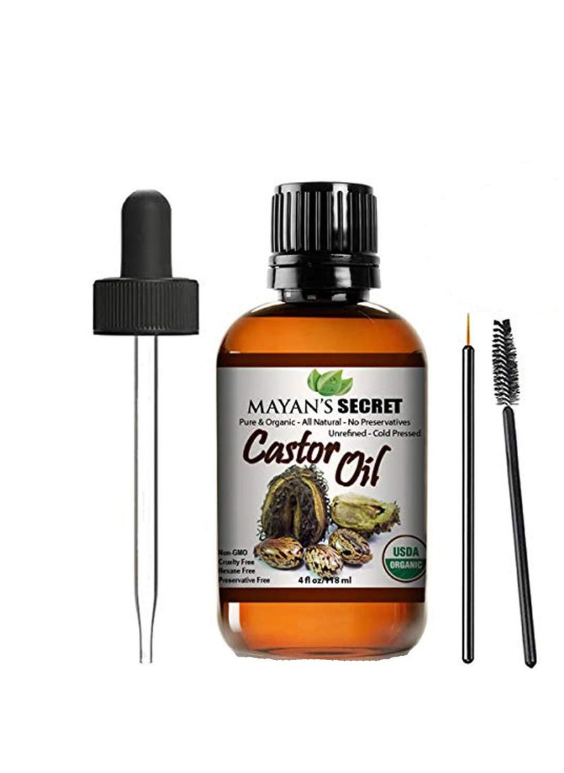 Mayan's Secret - 4oz Pure Castor Oil Organic Cold Pressed Unrefined Glass Bottle Hexane Free Hair Oil for Hair Growth, Eyelashes, Eyebrows – Oil for Skin, Face, Body