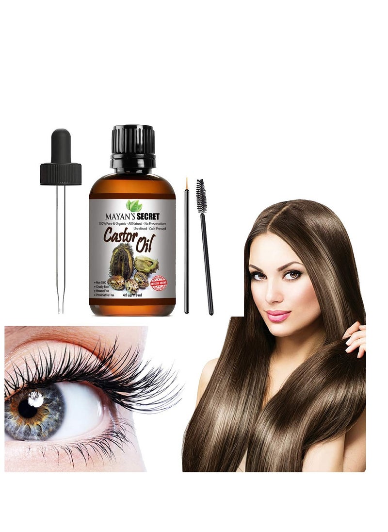 Mayan's Secret - 4oz Pure Castor Oil Organic Cold Pressed Unrefined Glass Bottle Hexane Free Hair Oil for Hair Growth, Eyelashes, Eyebrows – Oil for Skin, Face, Body