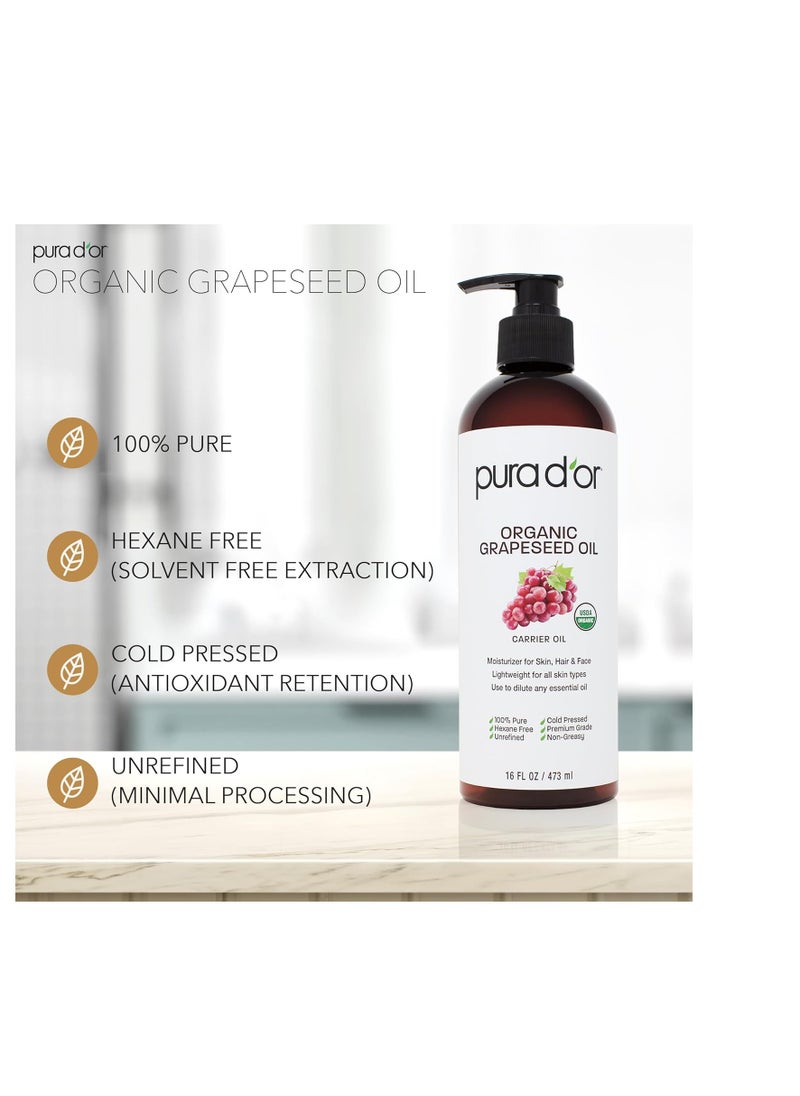 PURA D'OR 16 Oz Organic Grapeseed Oil - 100% Pure & Natural USDA Certified Cold Pressed Carrier Oil - Light & Silky, Unscented, Hexane Free Liquid Moisturizer - Face Skin & Hair - Men & Women