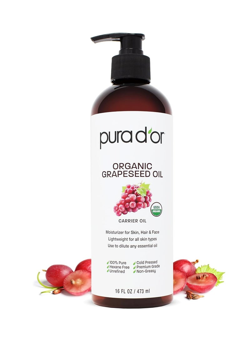 PURA D'OR 16 Oz Organic Grapeseed Oil - 100% Pure & Natural USDA Certified Cold Pressed Carrier Oil - Light & Silky, Unscented, Hexane Free Liquid Moisturizer - Face Skin & Hair - Men & Women