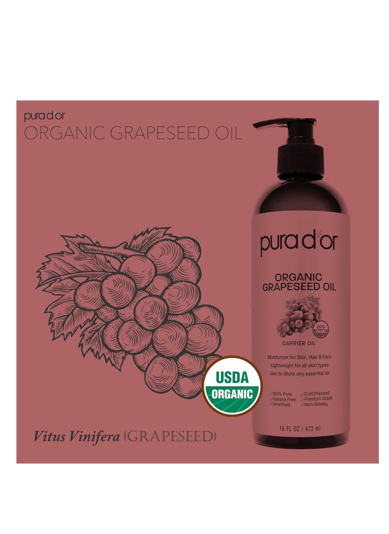 PURA D'OR 16 Oz Organic Grapeseed Oil - 100% Pure & Natural USDA Certified Cold Pressed Carrier Oil - Light & Silky, Unscented, Hexane Free Liquid Moisturizer - Face Skin & Hair - Men & Women