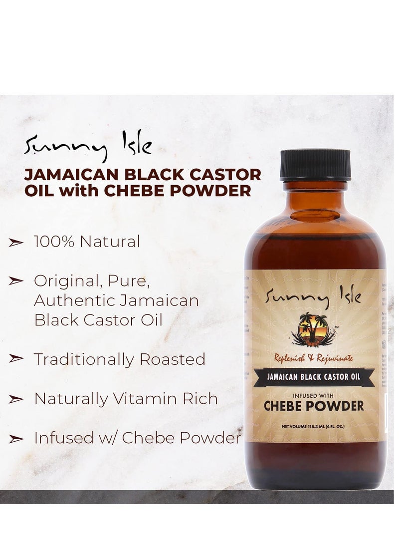 Sunny Isle Jamaican Black Castor Oil Infused with All-Natural African Chebe Powder 4oz | For Longer, Stronger Hair | Moisturizer for All Hair Types