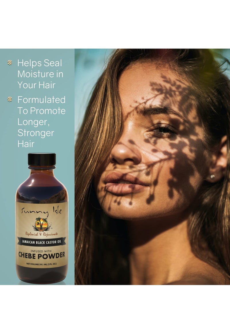 Sunny Isle Jamaican Black Castor Oil Infused with All-Natural African Chebe Powder 4oz | For Longer, Stronger Hair | Moisturizer for All Hair Types