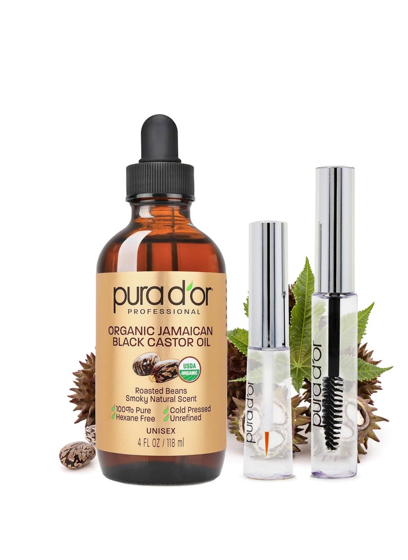 PURA D'OR 4 Oz ORGANIC Jamaican Black Castor Oil - Natural Smoky Scent - w/ 2 BONUS Empty Brushes - 100% Pure USDA Certified Cold Pressed & Roasted, Hexane Free Eyelash & Eyebrow Serum