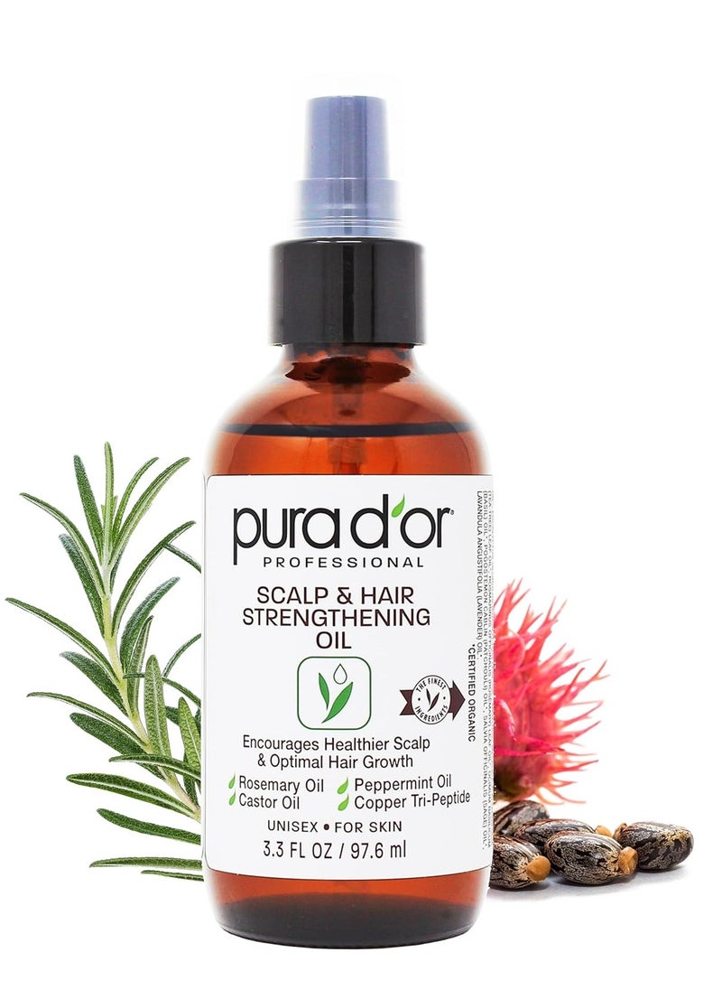 PURA D'OR 3.3 Oz Scalp & Hair Strengthening Oil - Supports Optimal Growth, Reduce Breakage, Nourish Roots for Healthier, Fuller, Thicker Hair - Rosemary, Castor & Peppermint Oil for Stronger Strands