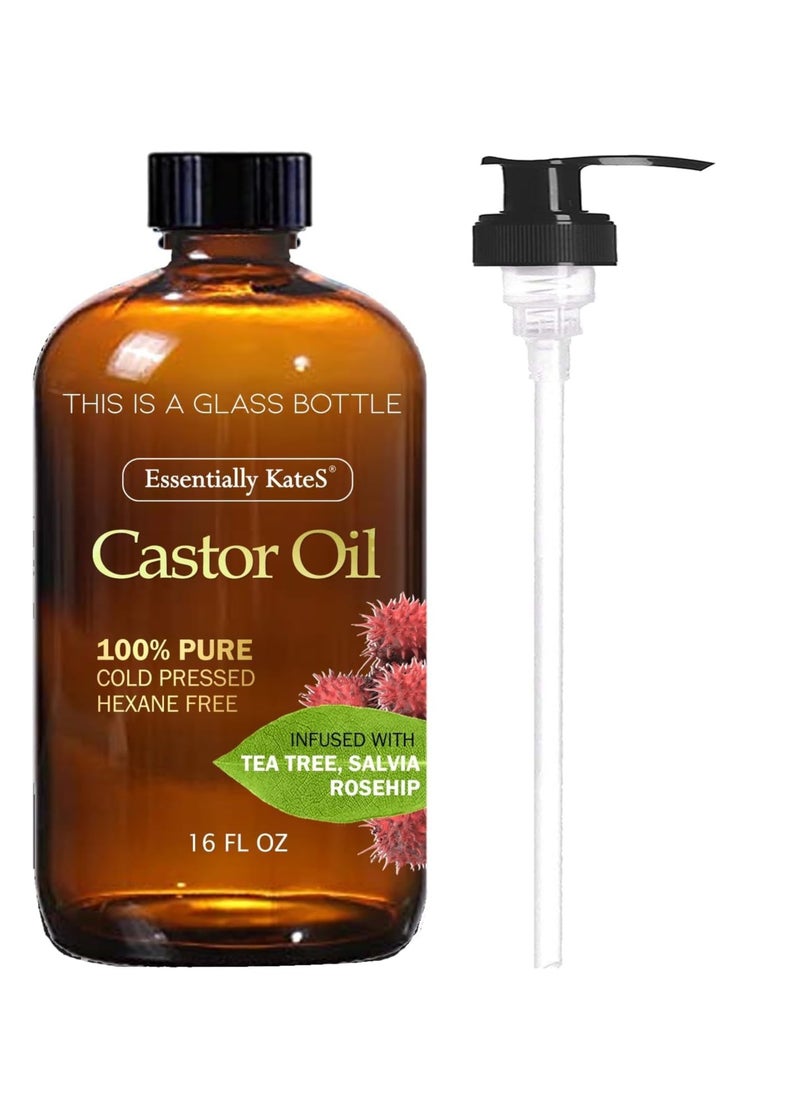 Castor Oil 16 Fl Oz (Glass Bottle) - Tea Tree + Salvia + Rosehip - A Huge Glass Bottle with a Pump - 100% Pure and Natural, Cold Pressed, and Hexane-Free - Hair Oil, Body Oil