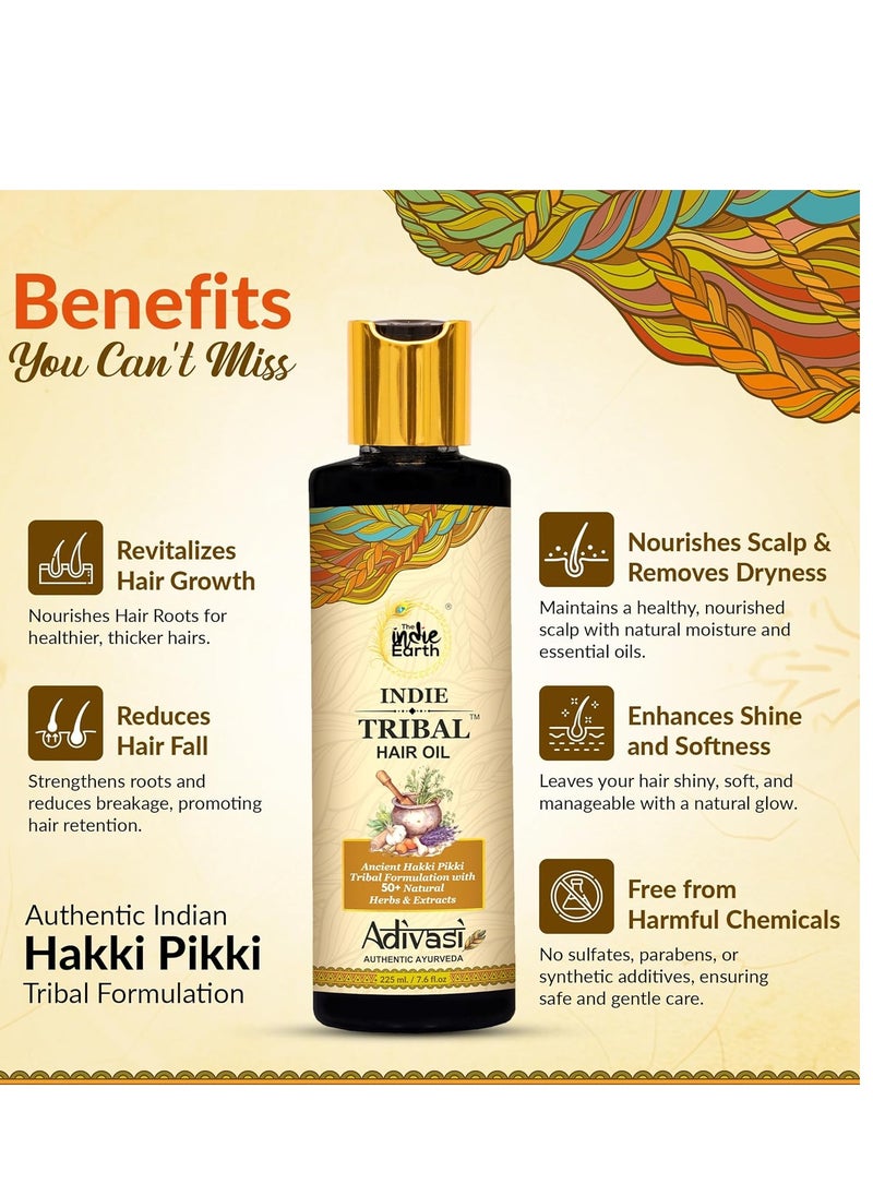 Indie Tribal Adivasi Hair Oil Based on Hakki Pikki Tribe’s Hair Care Formula with 50+ potent ingredients including Moringa, Bhringraj, Hibiscus, Heena, Blackseed & Rosemary Oil