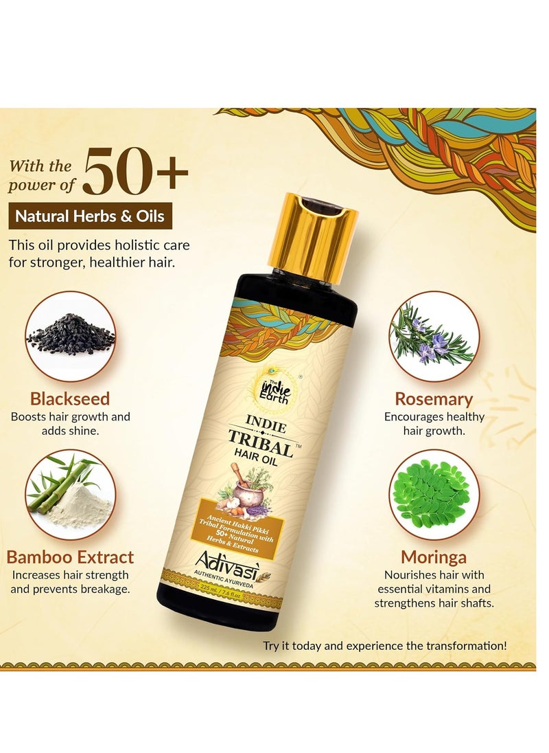 Indie Tribal Adivasi Hair Oil Based on Hakki Pikki Tribe’s Hair Care Formula with 50+ potent ingredients including Moringa, Bhringraj, Hibiscus, Heena, Blackseed & Rosemary Oil