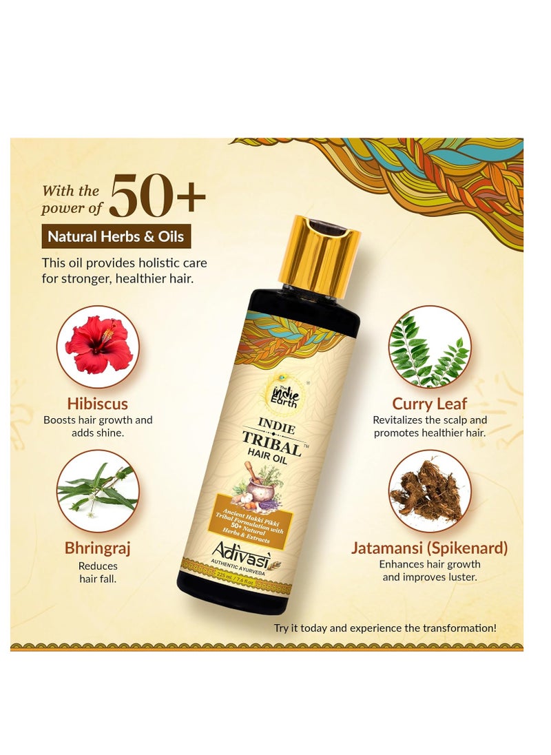 Indie Tribal Adivasi Hair Oil Based on Hakki Pikki Tribe’s Hair Care Formula with 50+ potent ingredients including Moringa, Bhringraj, Hibiscus, Heena, Blackseed & Rosemary Oil