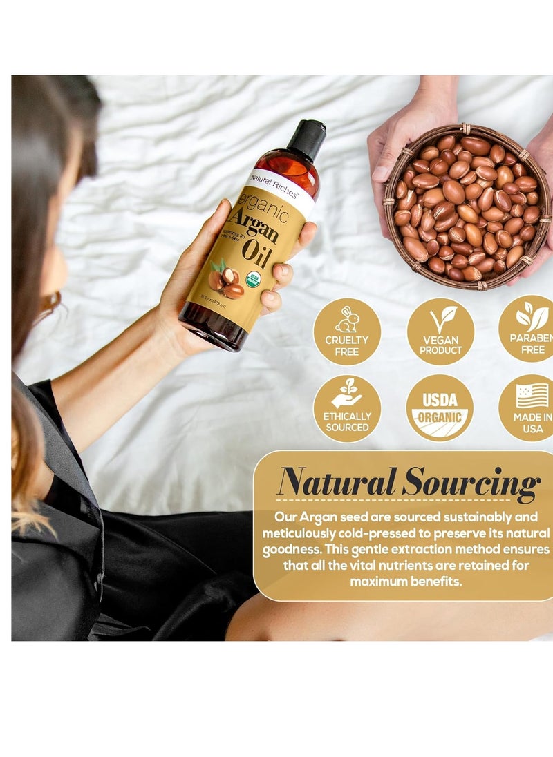 Natural Riches Organic Argan Oil of Morocco 16oz Penetrating Hair oil Deep Moisturizing Serum for Dry, Damaged & Coarse Hair pure Moroccanoil Cold Pressed for Hair, Face and Body