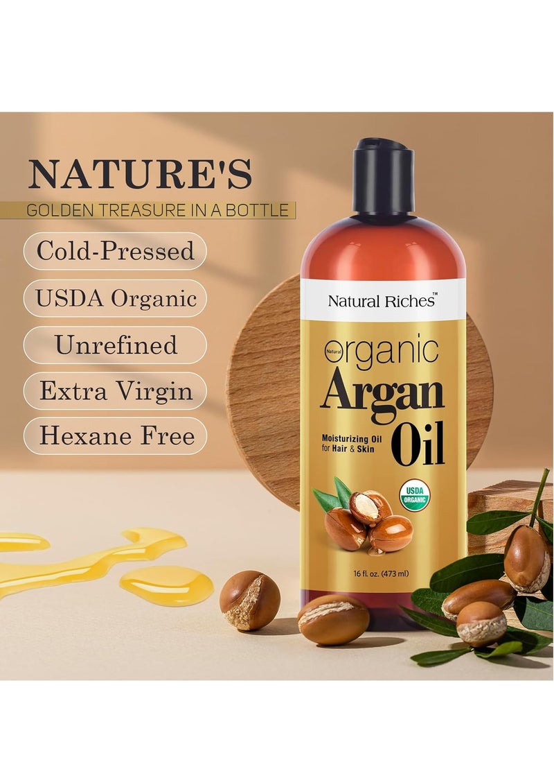 Natural Riches Organic Argan Oil of Morocco 16oz Penetrating Hair oil Deep Moisturizing Serum for Dry, Damaged & Coarse Hair pure Moroccanoil Cold Pressed for Hair, Face and Body