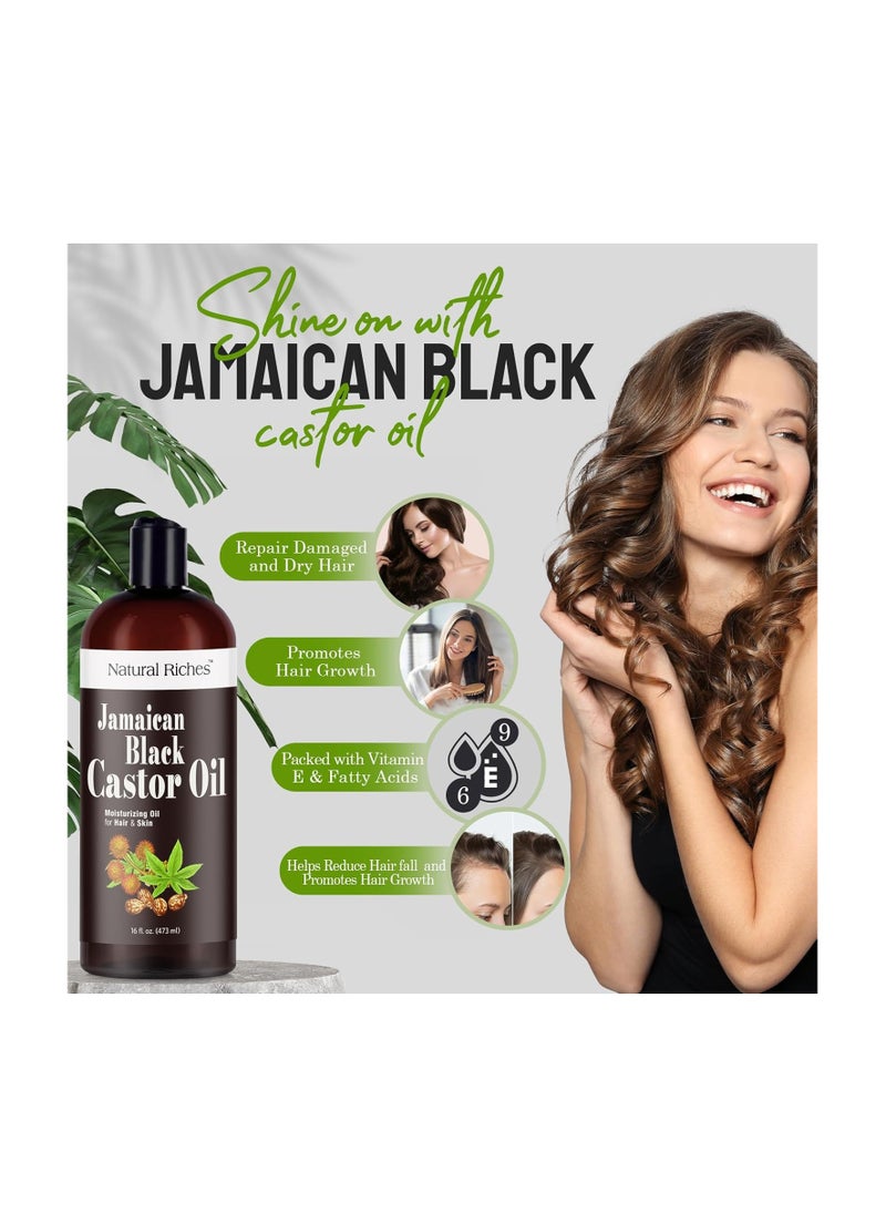 Natural Riches Jamaican Black Castor Oil Pure Organic Cold Pressed for Hair Growth Skin Care for Dry Skin Conditioning Eyebrows Eyelashes Scalp and Nail Moisturizes & Repairs 16fl.oz.