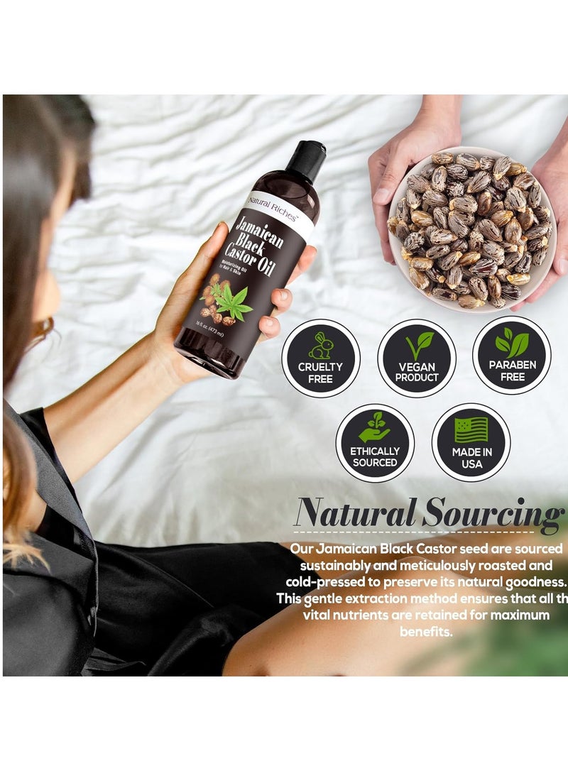 Natural Riches Jamaican Black Castor Oil Pure Organic Cold Pressed for Hair Growth Skin Care for Dry Skin Conditioning Eyebrows Eyelashes Scalp and Nail Moisturizes & Repairs 16fl.oz.