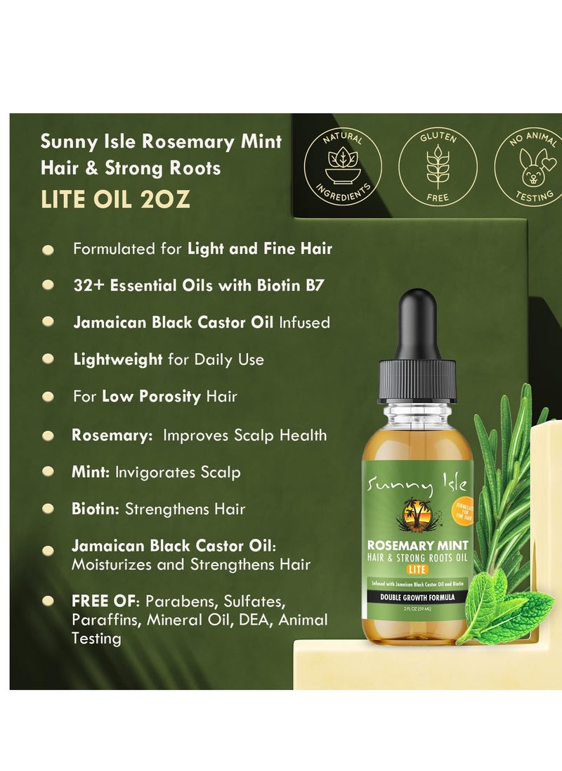 Sunny Isle Rosemary Mint Hair and Strong Roots Oil Lite 2oz | For Light, Thin Hair | Infused with Biotin & Jamaican Black Castor Oil | Nourish Hair Follicles | Dry Scalp, Split Ends