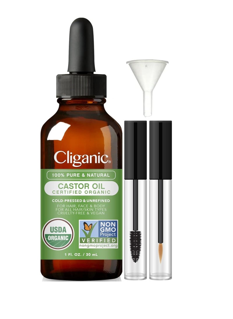 Cliganic Organic Castor Oil, 100% Pure (1oz with Eyelash Kit) - For Eyelashes, Eyebrows, Hair & Skin