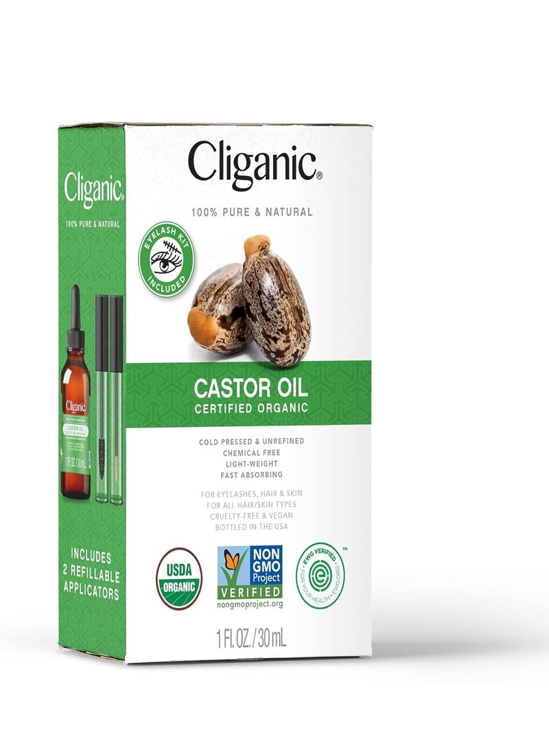 Cliganic Organic Castor Oil, 100% Pure (1oz with Eyelash Kit) - For Eyelashes, Eyebrows, Hair & Skin