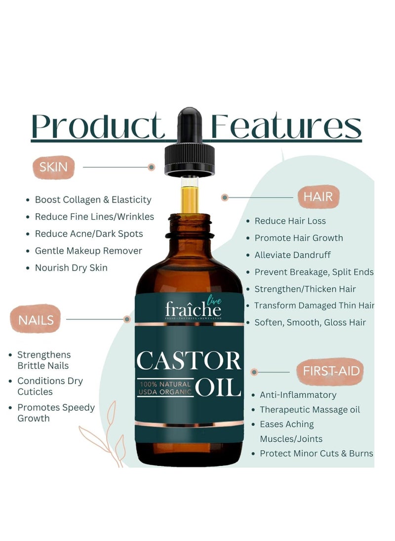 Live Fraiche Organic Castor Oil (4oz) + Filled Mascara Tube, 100% USDA Pure, Cold Pressed, Hexane Free Lash Serum Hair Growth Oil for Eyelashes, Eyebrows, Hair - Brow and Hair Treatment Oil