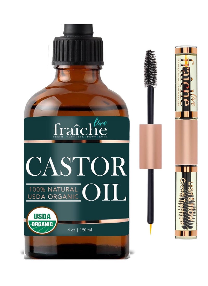 Live Fraiche Organic Castor Oil (4oz) + Filled Mascara Tube, 100% USDA Pure, Cold Pressed, Hexane Free Lash Serum Hair Growth Oil for Eyelashes, Eyebrows, Hair - Brow and Hair Treatment Oil