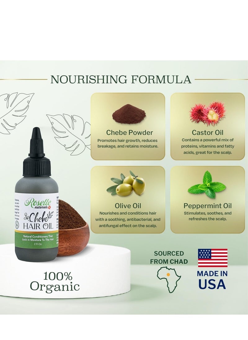 Roselle Naturals Chebe Oil for Hair Growth Made in USA 2 Fl Oz - Chebe Powder Hair Oils, Chebe Hair Growth Oil for Stronger, Longer, Thicker Hair