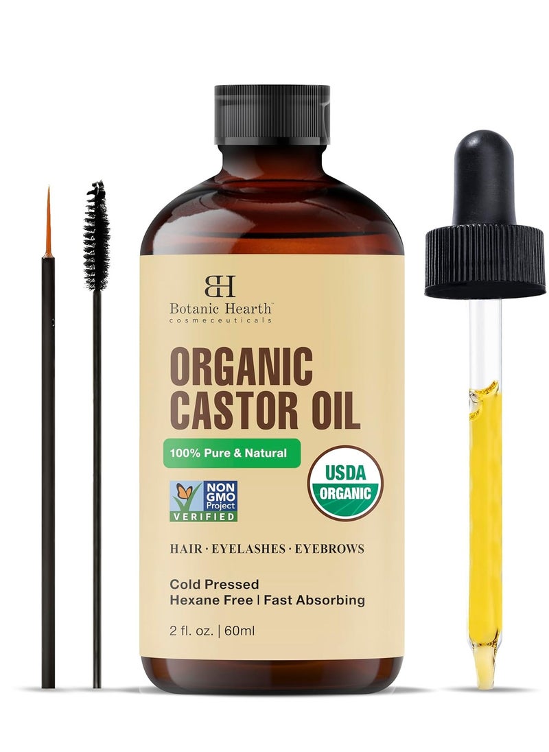 Botanic Hearth Castor Oil (2 fl oz) | USDA Certified Organic | 100% Pure & Hexane Free | Cold Pressed |Promotes Growth for Eyelashes, Eyebrows & Hair | Includes Eyebrow & Eyelash Brush